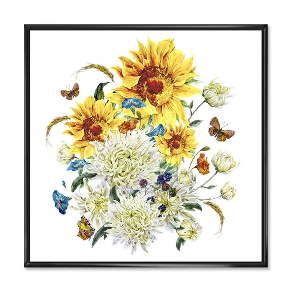 Ancient Chrysanthemums and Sunflowers 16 in x 16 in Framed Painting Canvas Art Print, by Designart