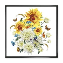 Ancient Chrysanthemums and Sunflowers 16 in x 16 in Framed Painting Canvas Art Print, by Designart