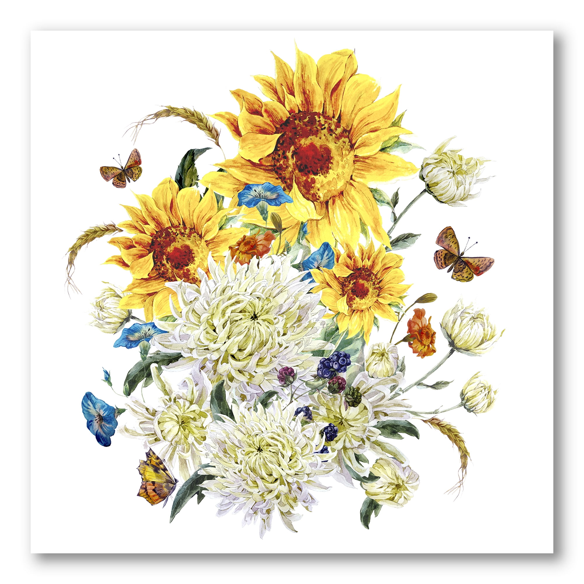 Ancient Chrysanthemums and Sunflowers 30 in x 30 in Painting Canvas Art Print, by Designart