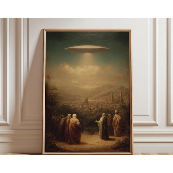 Ancient City Landscape Hovering UFO Classical Style Wall Art, Unframed Paper Poster 16x20in