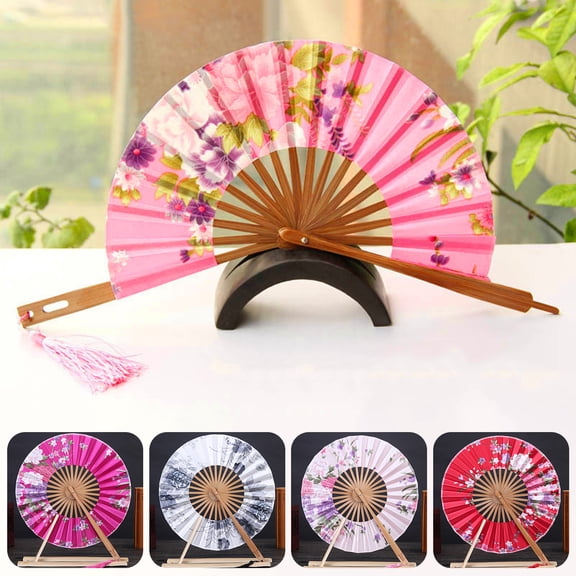 Ancient Classic Hand Fan with Tassel Dress Up Costume Bamboo Flower Print Round Fan Performance Supplies