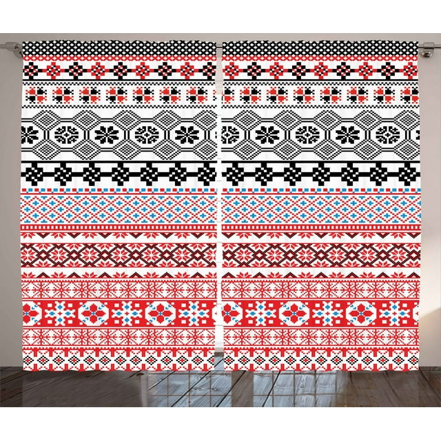 Ambesonne Vintage Curtains 2 Panel Set, Classic Culture Knit Signs, 108" x 84", Red Black
