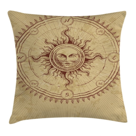Ancient Decor Throw Pillow Cushion Cover, Roman Sculpture like Face in Circle like Radiating Sun Antique Image Artwork, Decorative Square Accent Pillow Case, 16 X 16 Inches, Light Brown, by Ambesonne