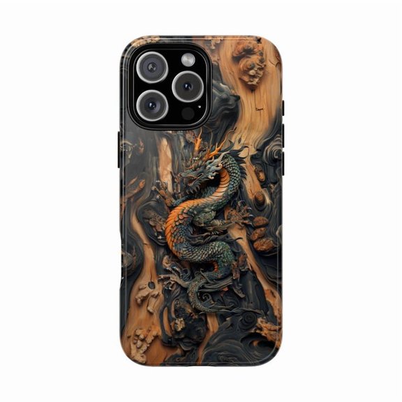 Ancient Dragon Wood Style Carved Print Artwork Phone Case with iPhone 11 to 17 Pro Max