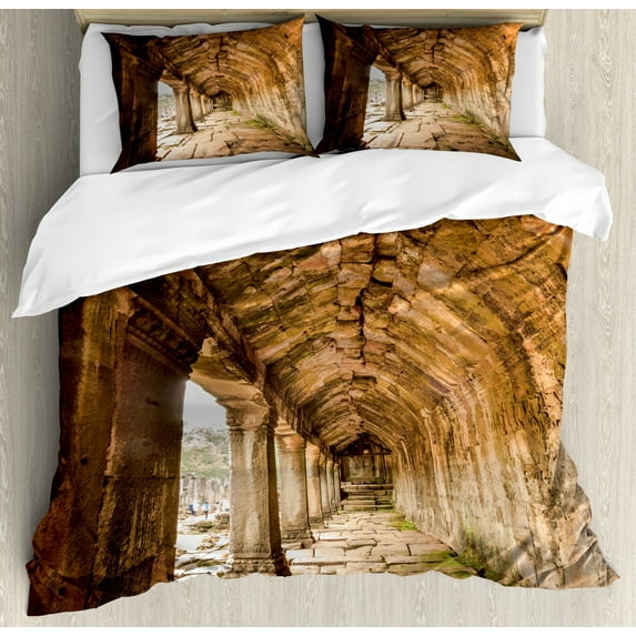 Ancient Duvet Cover Set King Size, Ancient Temple Corridor with Sculpture on the Wall in Angkor Thom in Siem Reap Cambodia, Decorative 3 Piece Bedding Set with 2 Pillow Shams, Beige, by Ambesonne