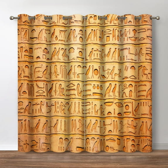 Ancient Egypt Blackout Curtains - Vintage Egyptian Murals Hieroglyphs Theme Print Retro Decor Home Bedroom Living Room Darkening Grommet Window Drapes 2 Panel Set,52" x 84"