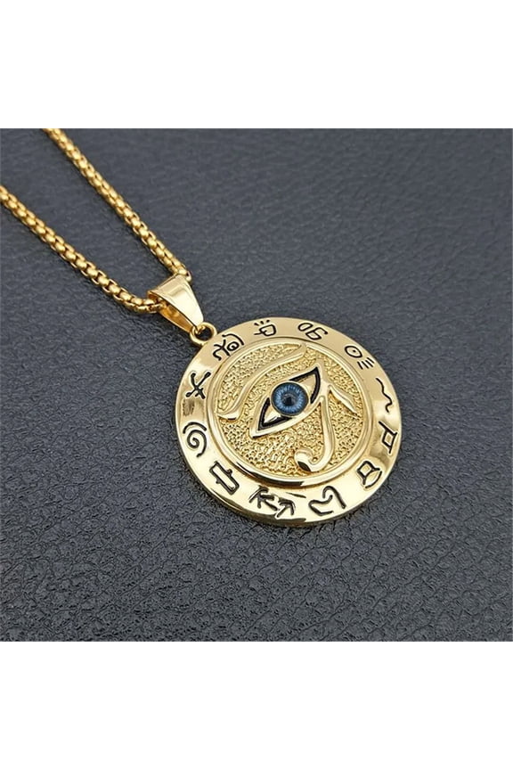 Ancient Egypt Round Jewelry Collares 14K Yellow Gold Chain Egyptian Eye of Horus Necklaces & Pendants