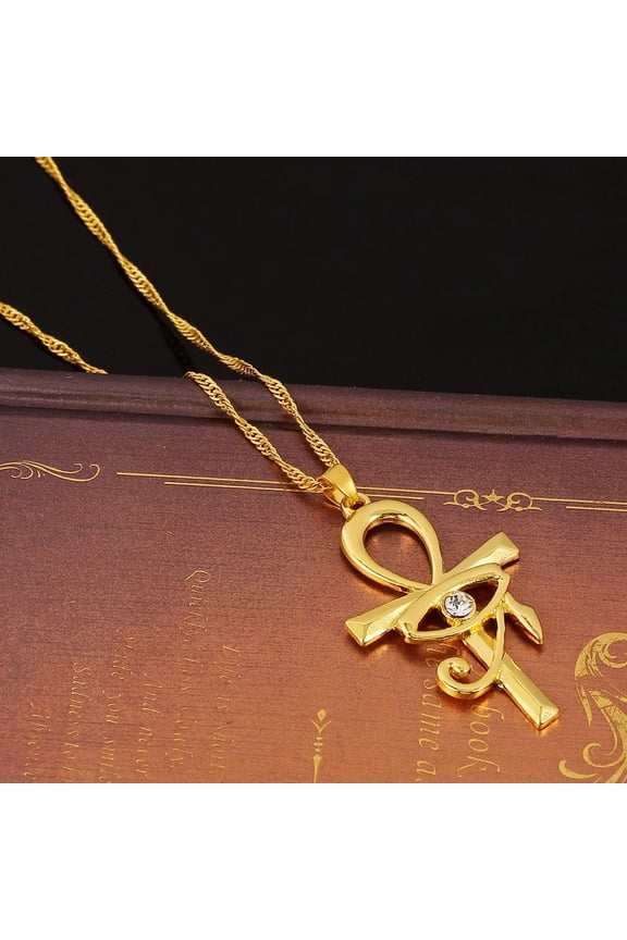 Ancient Egypt Symbol 14k Yellow Gold Ankh Cross & Eye Pendant Necklaces African Amulet Jewelry Egyptian Charms Accessories Stone