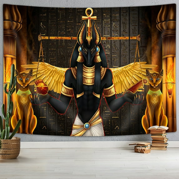 Ancient Egypt Tapestry, Horus Anubis Pharaoh's Bastet Cat Mysterious Hieroglyph Guardian Mythical Tapestry Wall Hanging, Ancient Egyptian Tapestry for Bedroom Living Room, 60X40IN