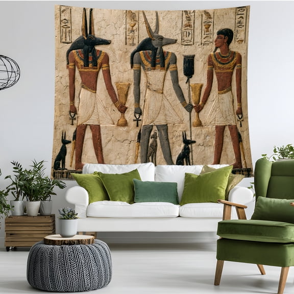 Ancient Egypt Tapestry Wall Hanging, Anubis Temple Relief Hieroglyphics Wall Art for Bedroom Living Room Study Office Decor