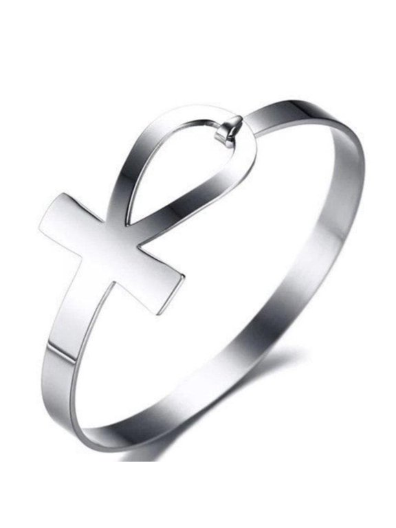 Ancient Egyptian Ankh Bracelet Womens Silver Stainless Steel Aunk Bangle Fantasy Forge Jewelry