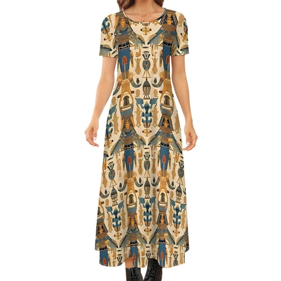 Ancient Egyptian Art Dress Modern Maxi Dress Short Sleeve Aesthetic Boho Beach Long Dresses Ladies Printed Big Size Vestidos