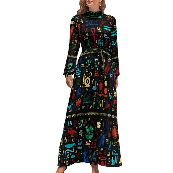 Ancient Egyptian Art Hieroglyphs Dress Long Sleeve Black Red Maxi Dress High Waist Stylish Bohemia Long Dresses Birthday Gift