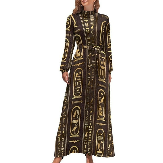 Ancient Egyptian Art Hieroglyphs Dress Long Sleeve Black Red Maxi Dress High Waist Stylish Bohemia Long Dresses Birthday Gift