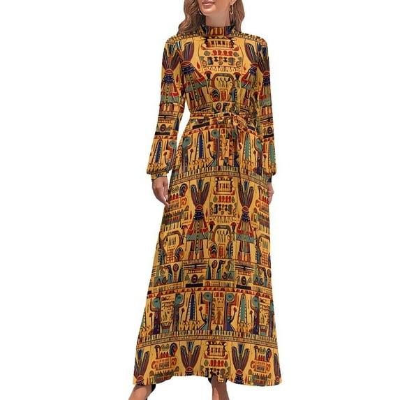 Ancient Egyptian Art Hieroglyphs Dress Long Sleeve Black Red Maxi Dress High Waist Stylish Bohemia Long Dresses Birthday Gift