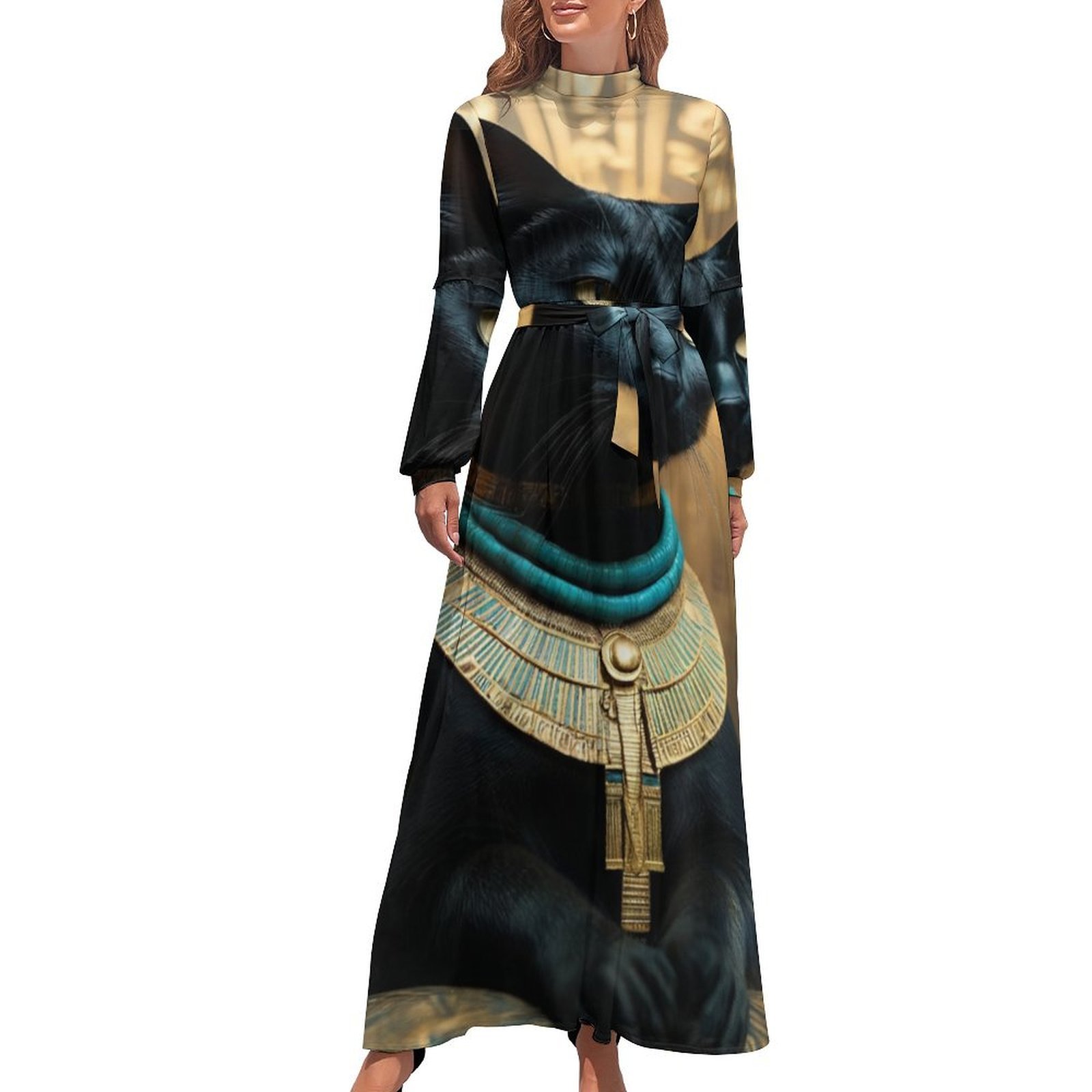 Retro Egyptian Mythical Cats Art Print Vintage V-Neck Lace Waist Belt Sleeveless Maxi Dress main image 0