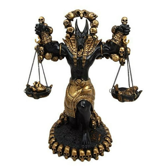 Ancient Egyptian God Anubis By Ankh Altar Weighing The Heart Against Ostrich Feather Figurine 9" Tall