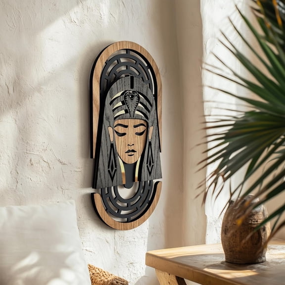 Ancient Egyptian Gods Themed Abstract Wood Wall Art - Tutankhamun, Anubis, Cleopatra Wall Decor, Handmade Decorative Artwork, Modern Home and Office Decoration (Cleopatra)