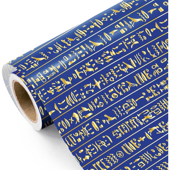 Ancient Egyptian Hieroglyphics Wrapping Paper - Mini Roll - 17 Inch x 16.5 Feet - Blue and Gold Egyptian Glyph Wrapping Paper for Birthday, Wiccans, Pagan, Witches Historians