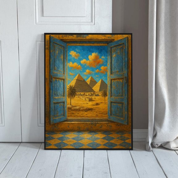 Ancient Egyptian Pyramids Surreal Window View Desert Landscape Blue Gold Wall Decor Display