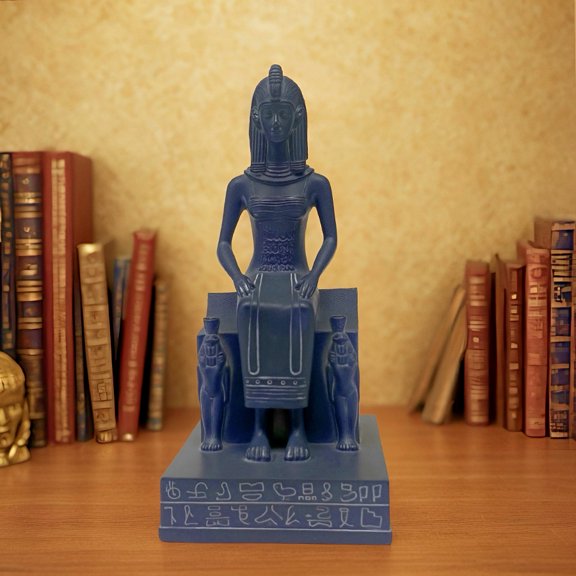 Ancient Egyptian Queen Cleopatra Statue, Blue Resin Goddess Sculpture with Hieroglyphics Base, Home & Office Decor Collectible