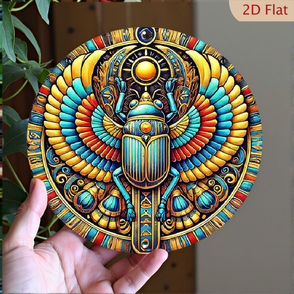 Ancient Egyptian Scarab Beetle Wall Art 8x8 Inch Round Aluminum Decor Psychedelic Sacred Mythology Hanging Plaque for Living Room Home Office Decoration