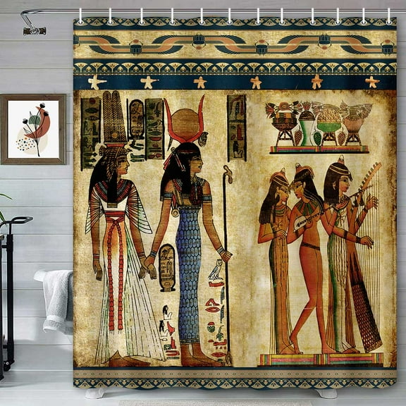 Ancient Egyptian Shower Curtain, Egypt Pharaoh King Papyrus Hieroglyphic African Woman Vintage Art Culture Pattern Decor Bathroom Fabric Curtain with Hooks, 72 x 72