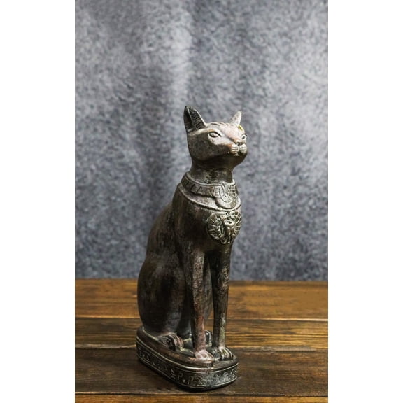 Ancient Egyptian Ubasti Bastet Cat Sitting in Royal Pose Faux Clay Figurine 7"H