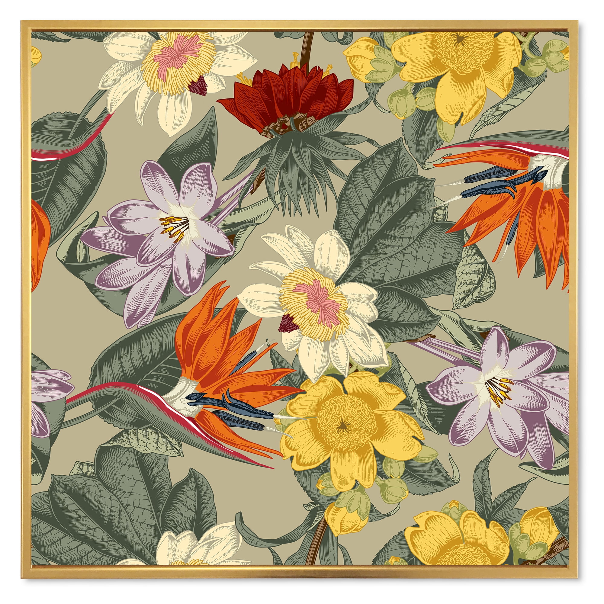 Ancient Exotic Flowers In Orange and Yellow 30 in x 30 in Framed Painting Canvas Art Print, by Designart