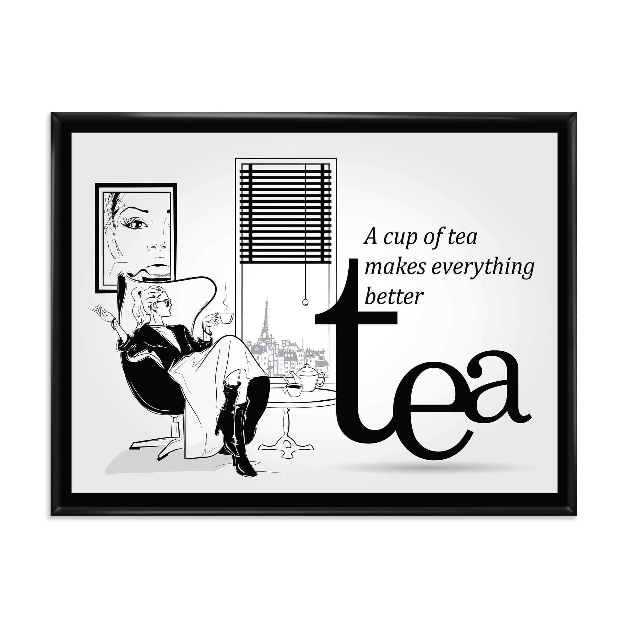 Ancient Fashion Girl Drinking A Cup Of Tea 40 in x 30 in Framed Painting Canvas Art Print, by Designart