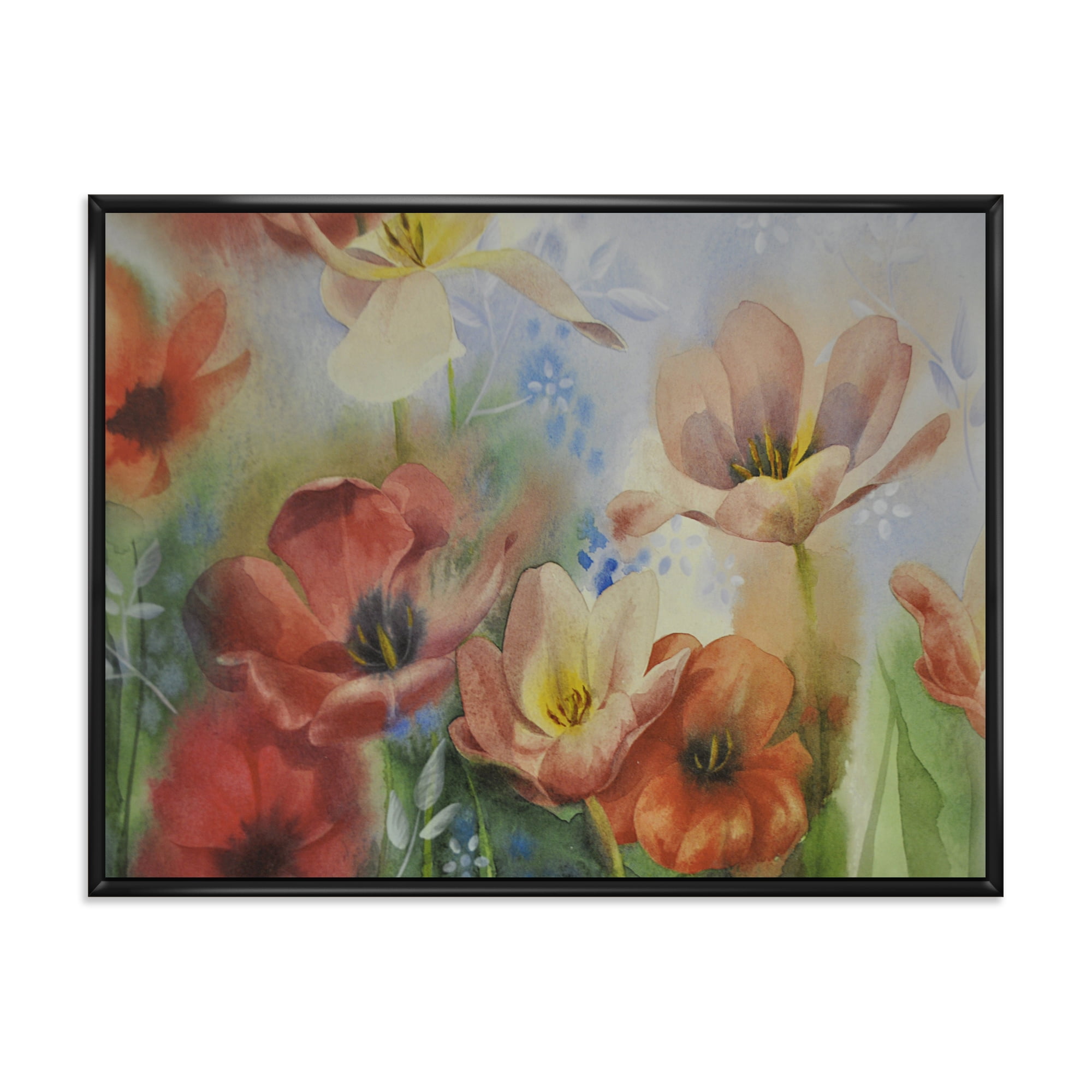Ancient Flowers In Dark Pastel Colors 32 in x 24 in Framed Painting Canvas Art Print, by Designart