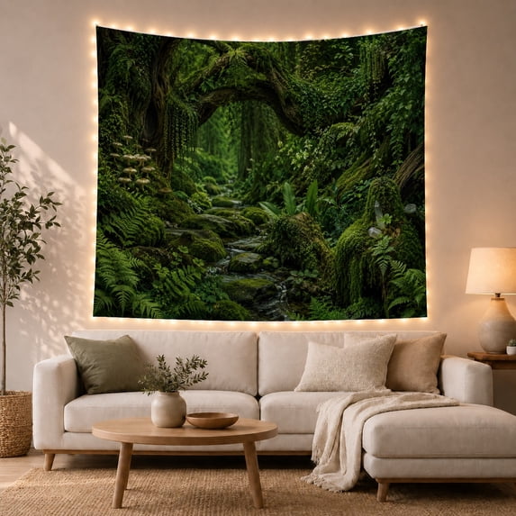 Ancient Forest Interior with Massive Tree Thick Gnarled, Mystical Fantasy for Space Lovers, Galaxy Room Decor, Housewarming Gift, Tapestry Wall Hanging for Bedroom and Dorm