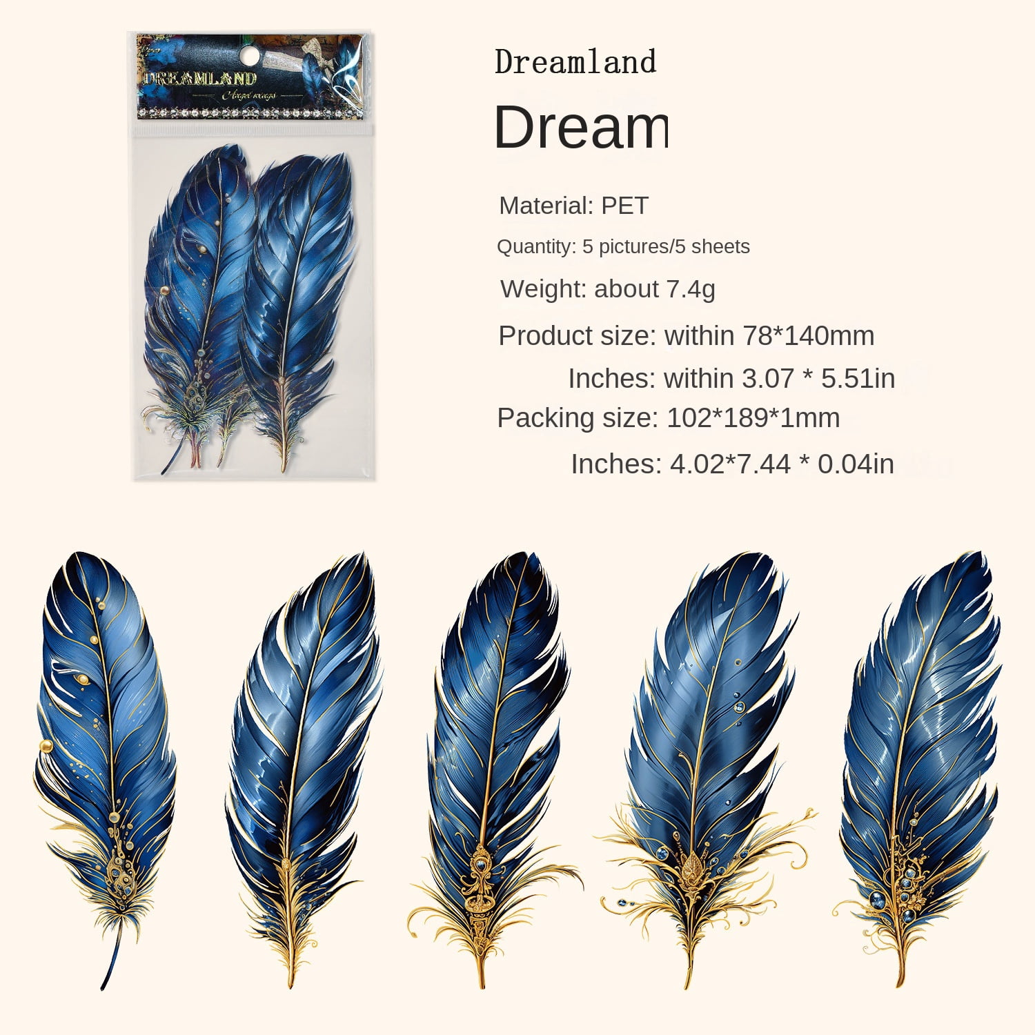 "Ancient Forest" PET Gold Foil Stickers - Angel Feather Series, 5 Sheets of Vintage Feather Journaling and Collage Material