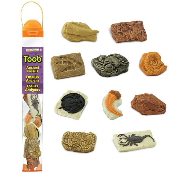 Safari Ltd. Ancient Fossils TOOB - Figurines: Dino Footprint, Giant Crab, Ammonite, Raptor Claw, T-Rex Tooth, Frog Skeleton, Sea Scorpion & More - Educational Toys for Boys, Girls & Kids Ages 3+