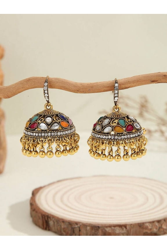 Ancient Gold-Colorful Jhumka Earrings With Multicolor Rhinestones And Bell Dangles