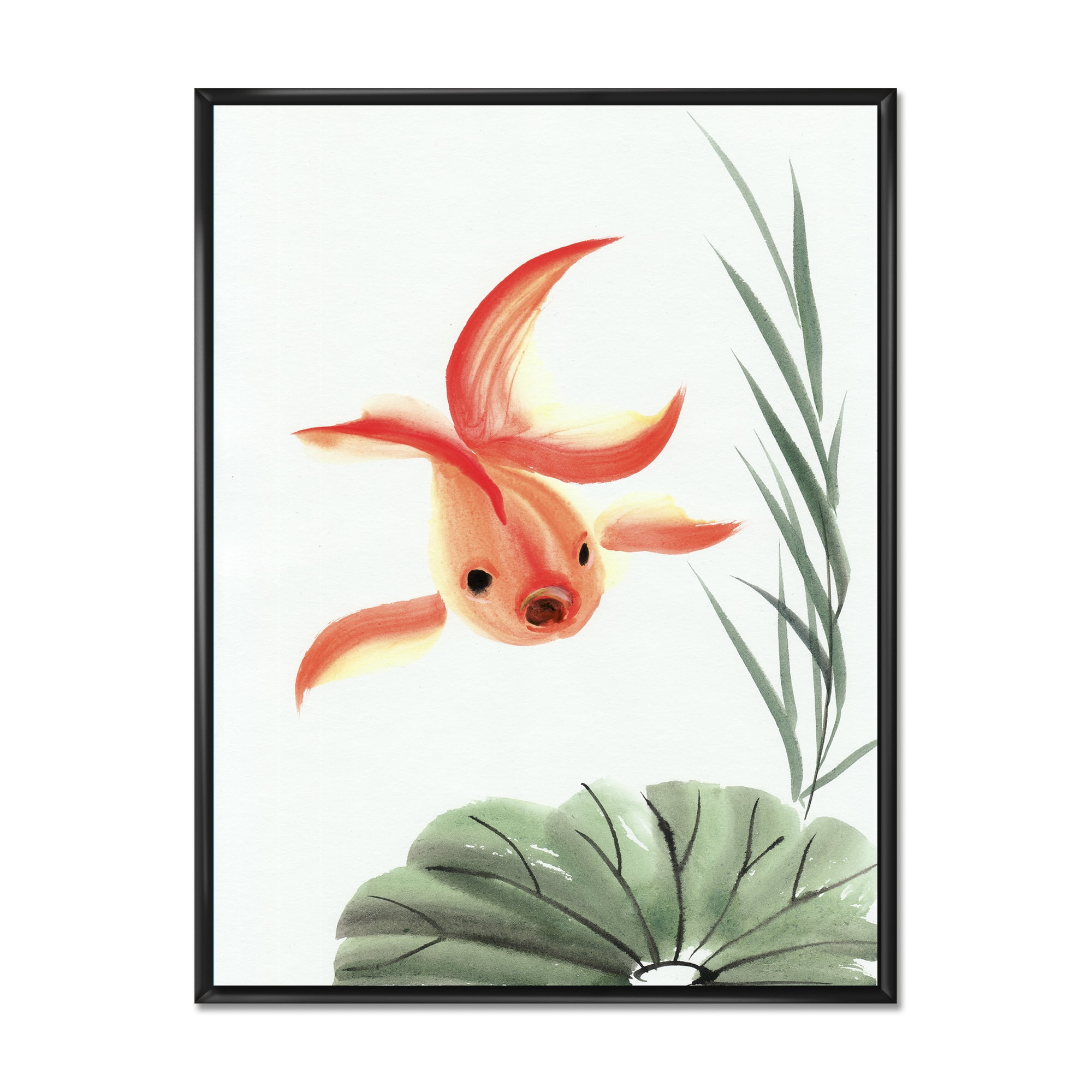 Ancient Goldfish and The Lotus Leaf 12 in x 20 in Framed Painting Canvas Art Print, by Designart