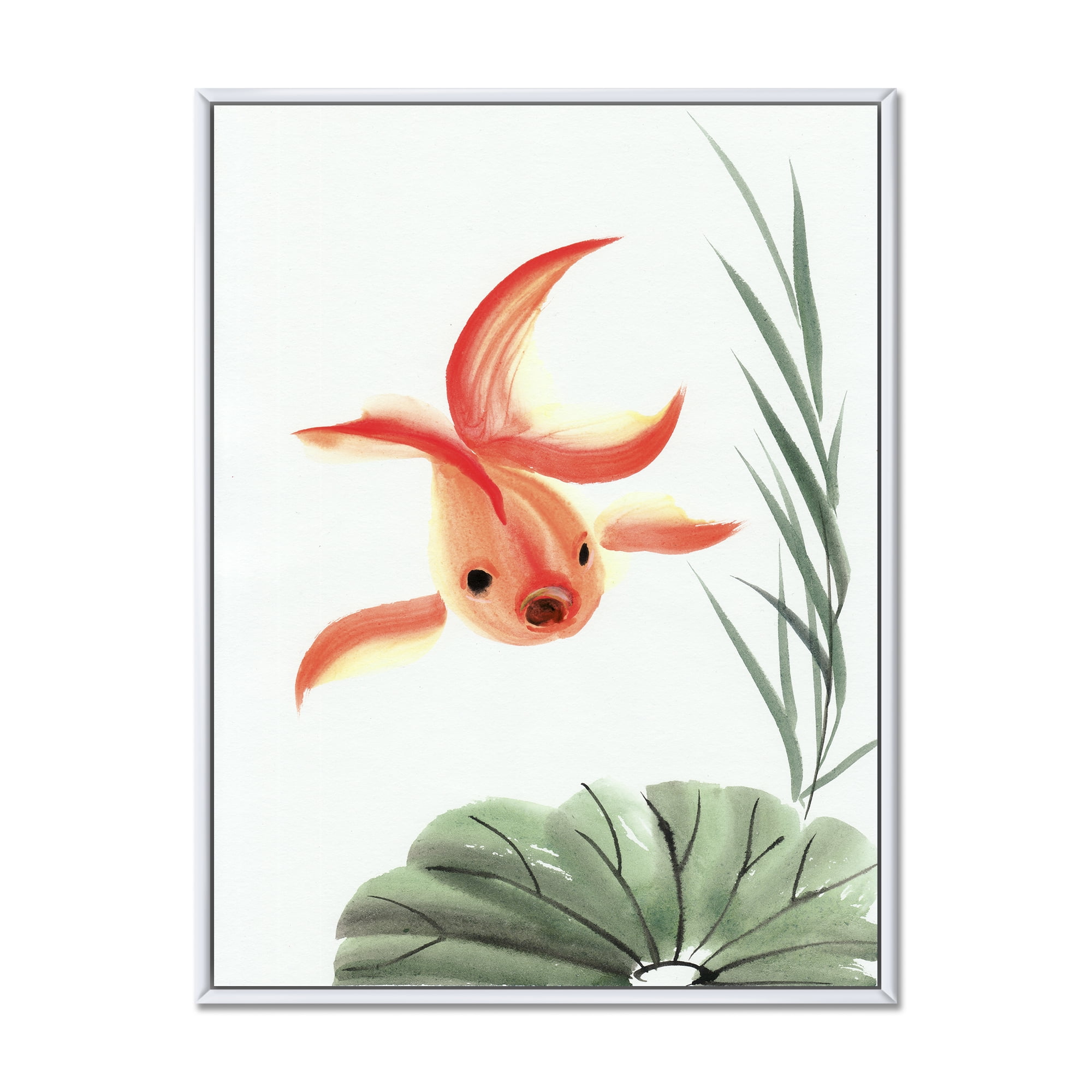 Ancient Goldfish and The Lotus Leaf 30 in x 40 in Framed Painting Canvas Art Print, by Designart