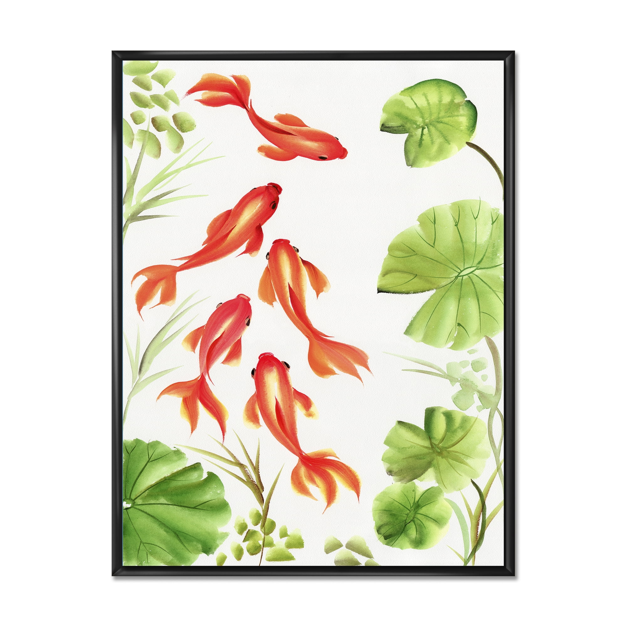 Ancient Goldfishes Among The Lotus Leaves 12 in x 20 in Framed Painting Canvas Art Print, by Designart