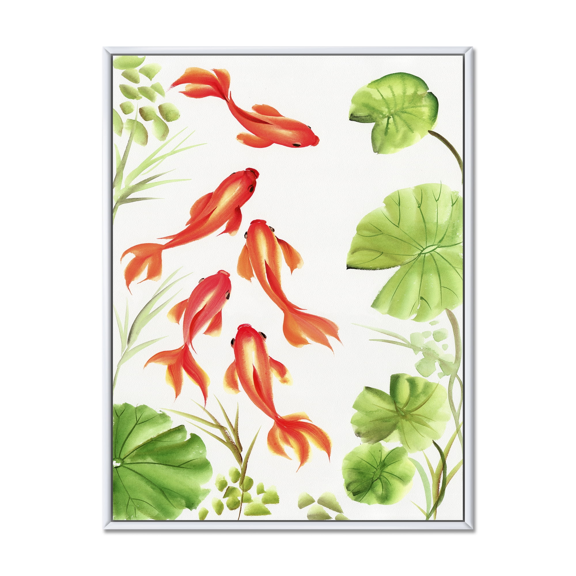 Ancient Goldfishes Among The Lotus Leaves 16 in x 32 in Framed Painting Canvas Art Print, by Designart