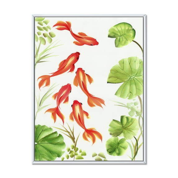 Ancient Goldfishes Among The Lotus Leaves 24" x 32" Framed Painting Canvas Art Print, by Designart