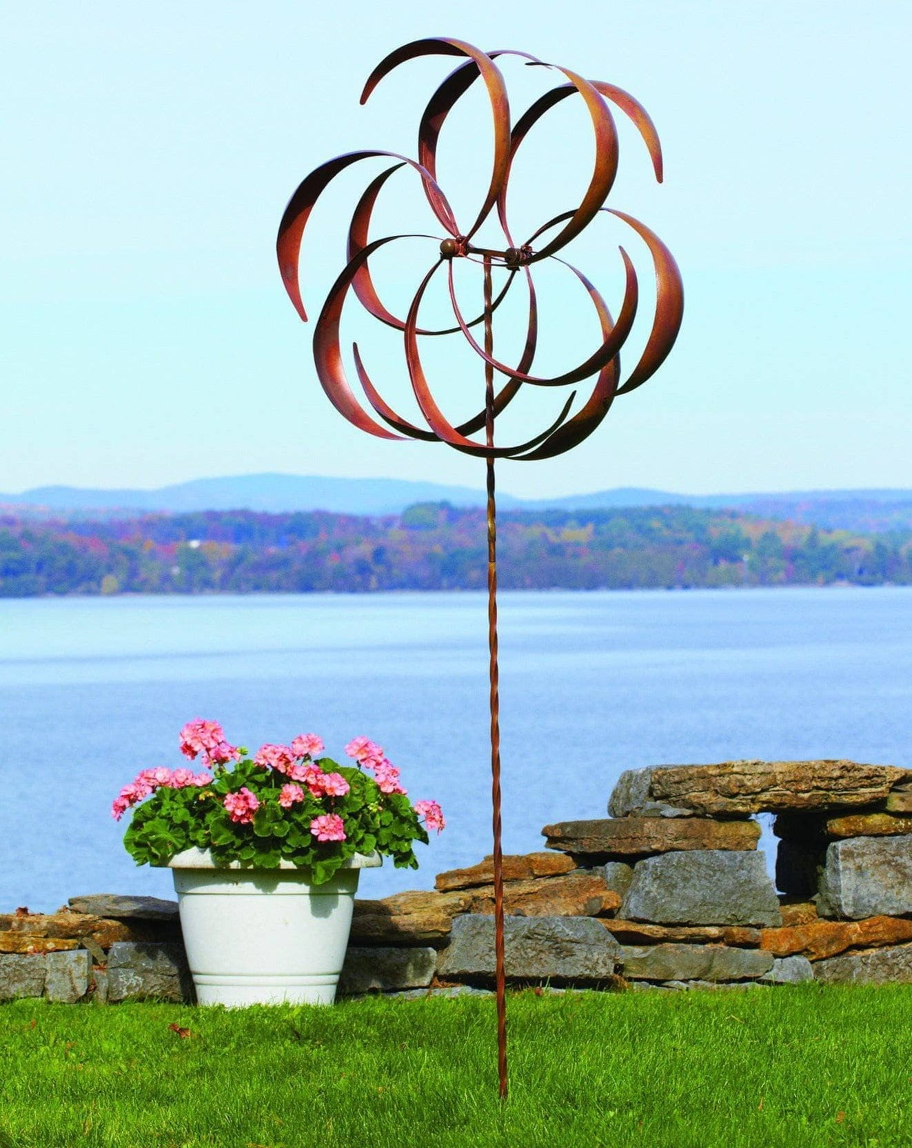 Large Copper Kinetic Dual Flower Garden Spinner