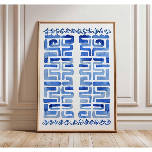 Ancient Greece Blue Pattern Poster, Unframed Canvas 8x10in