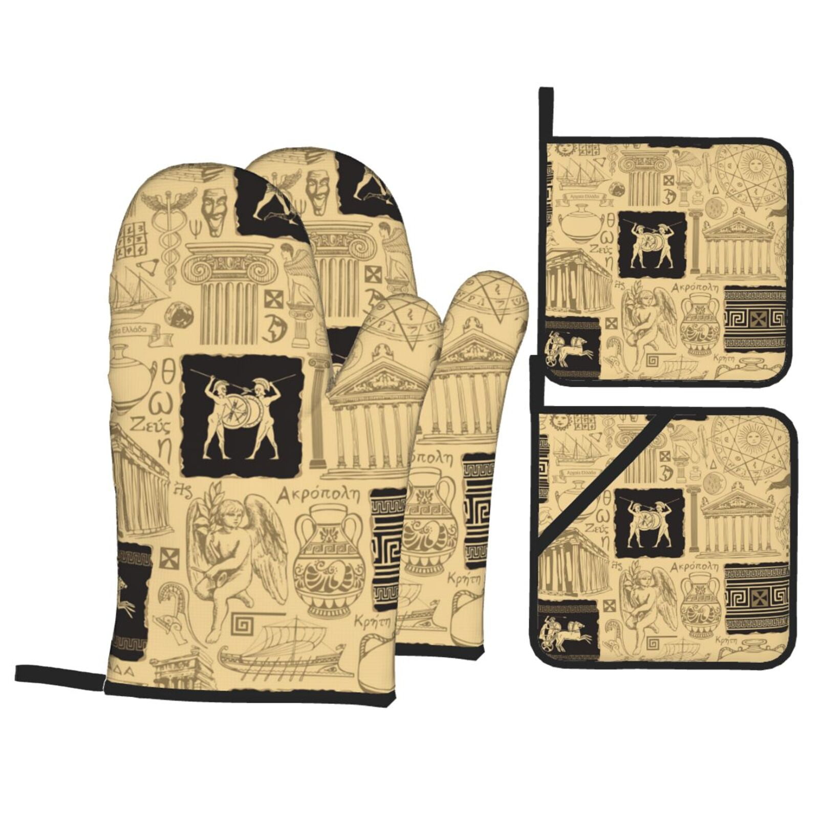 Ancient Greece Mythology Retro 4Pcs Oven Mitts and Pot Holders Sets Oven Kitchen Gloves Hot Pads for Cooking BBQ Baking Grilling