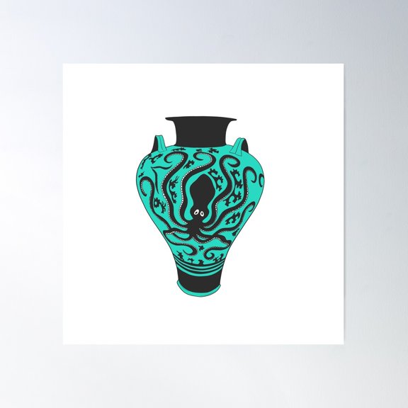 Ancient Greek Amphora With Octopus - Turquoise Poster Wall Art, Modern Wall Decor For Living Room Bedroom, 17x17 UNFRAMED