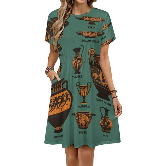 Ancient Greek Pottery Short Sleeve Dress Women Summer Evening Dresses Ladies Sundress