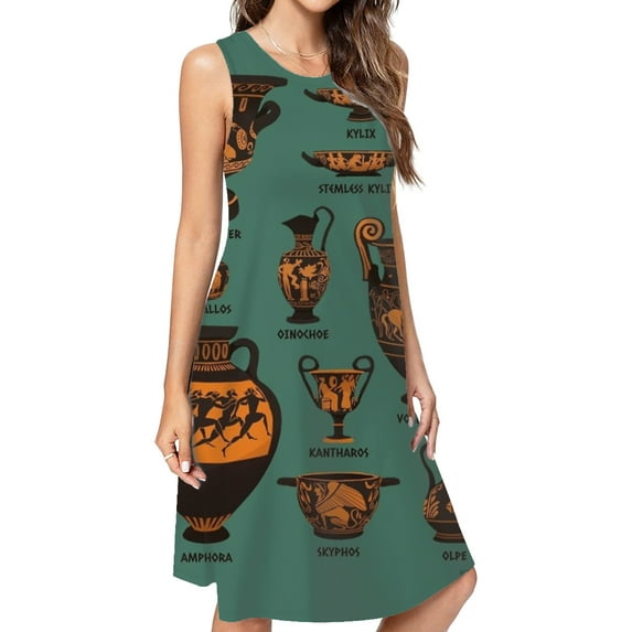 Ancient Greek Pottery Spring Summer Dresses For Women Fashion Dress Casual Sleeveless Loose Sundress With Pockets