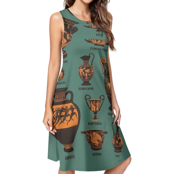 Ancient Greek Pottery Spring Summer Dresses for Women Fashion T-shirt Dress Casual Sleeveless Loose Sundress with Pockets