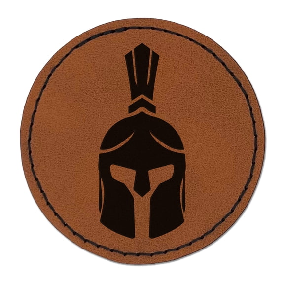 Ancient Greek Roman Spartan Helmet Front 2.5" Faux Leather Round Engraved Iron-On Patch - Brown
