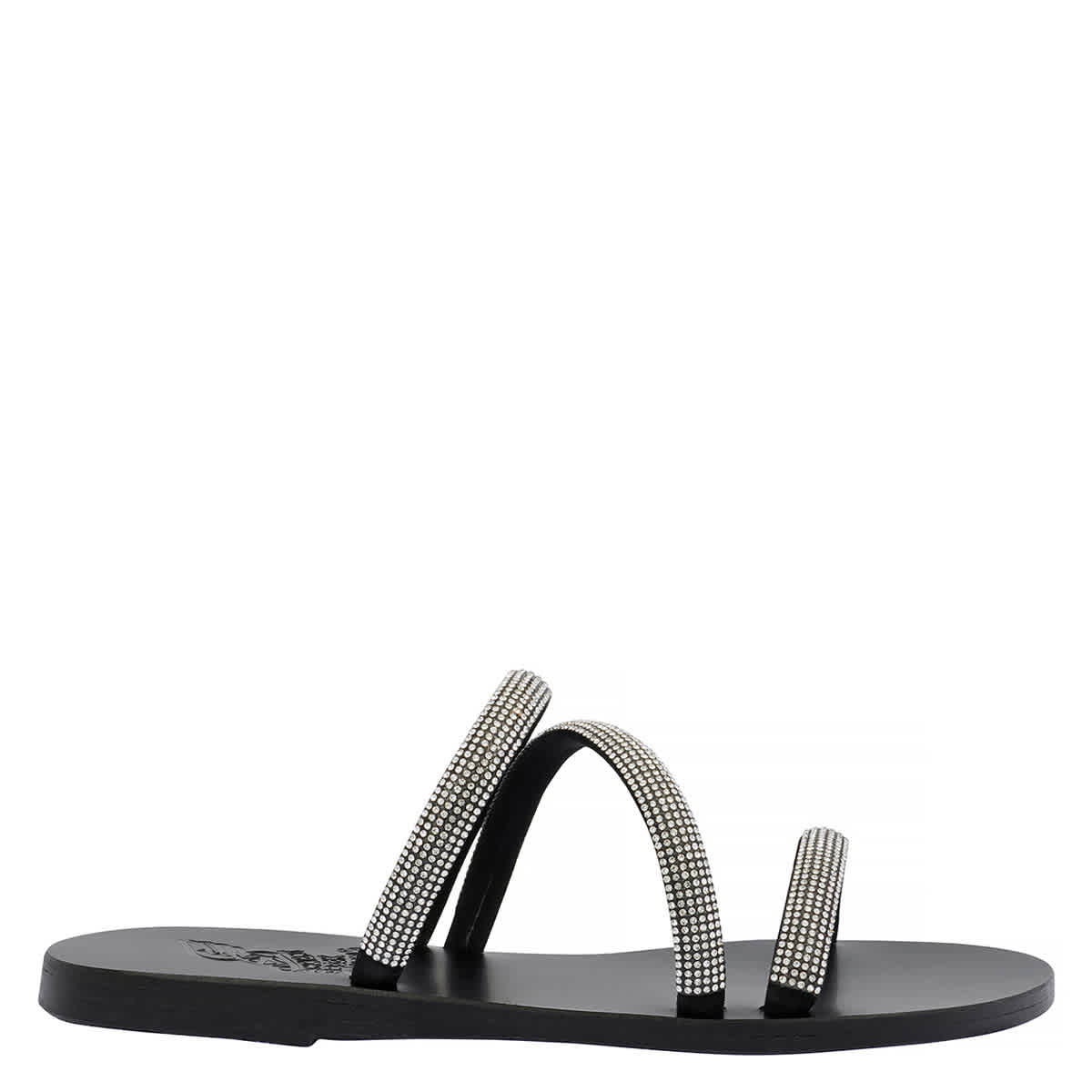 Ancient Greek Sandals Ladies Black Polytimi Diamante Flat Sandals 