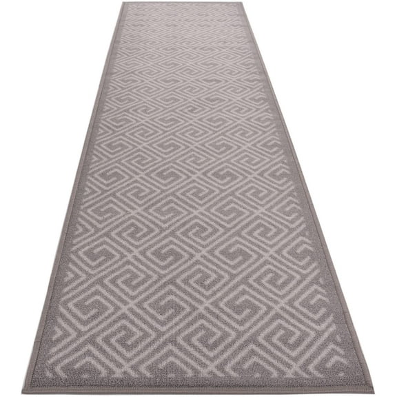 Ancient Greek Style Meander Base Design Grey Color Rug Runner Printed Slip Resistant Rubber Back Latex Runner Rug (Grey, 1'11" x 7')